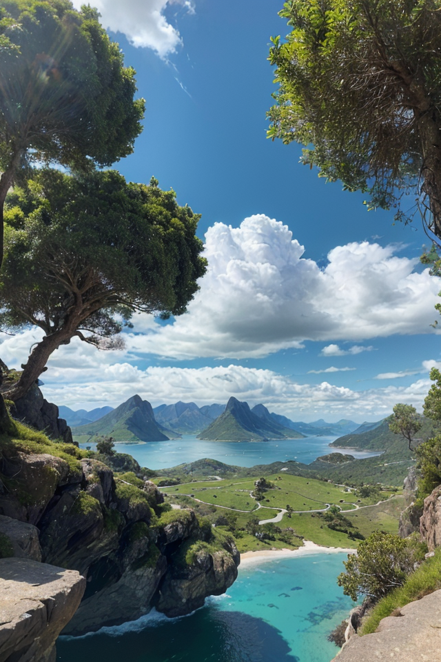 best quality, masterpiece, ultra high res, (photo realistic:1.4), a magnificent landscape with sky, mountains, and floatin...